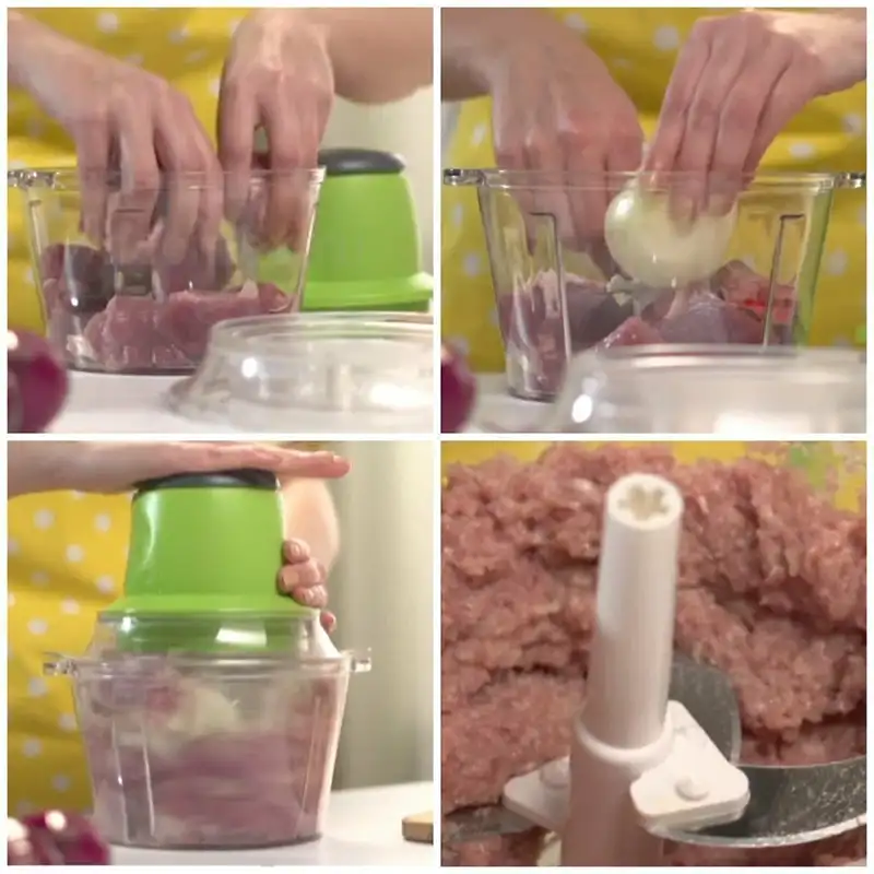 Процесс измельчания мяса в фарш в измельчителе Молния