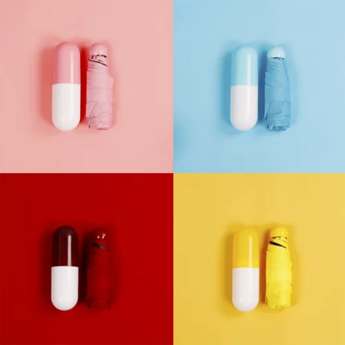 Розовый, голубой, бордовый, жёлтый зонты в капсулах