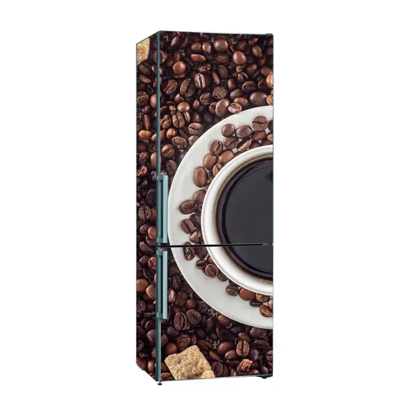 Наклейки на холодильник с чашкой чёрного кофе и зёрнами