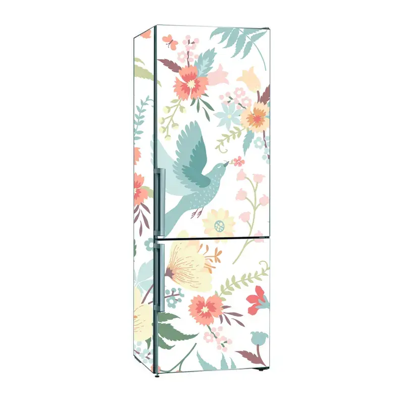 Наклейки на холодильник с нарисованными цветами и птицей
