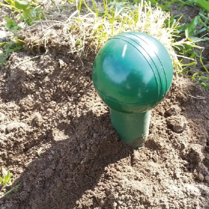 Зелёный отпугиватель кротов торчит из земли.