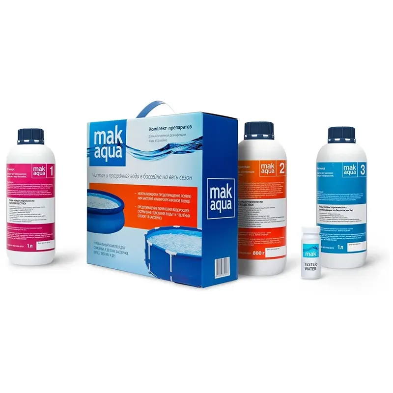 Картонная коробка и флаконы чистящего средства для бассейна Mak Aqua