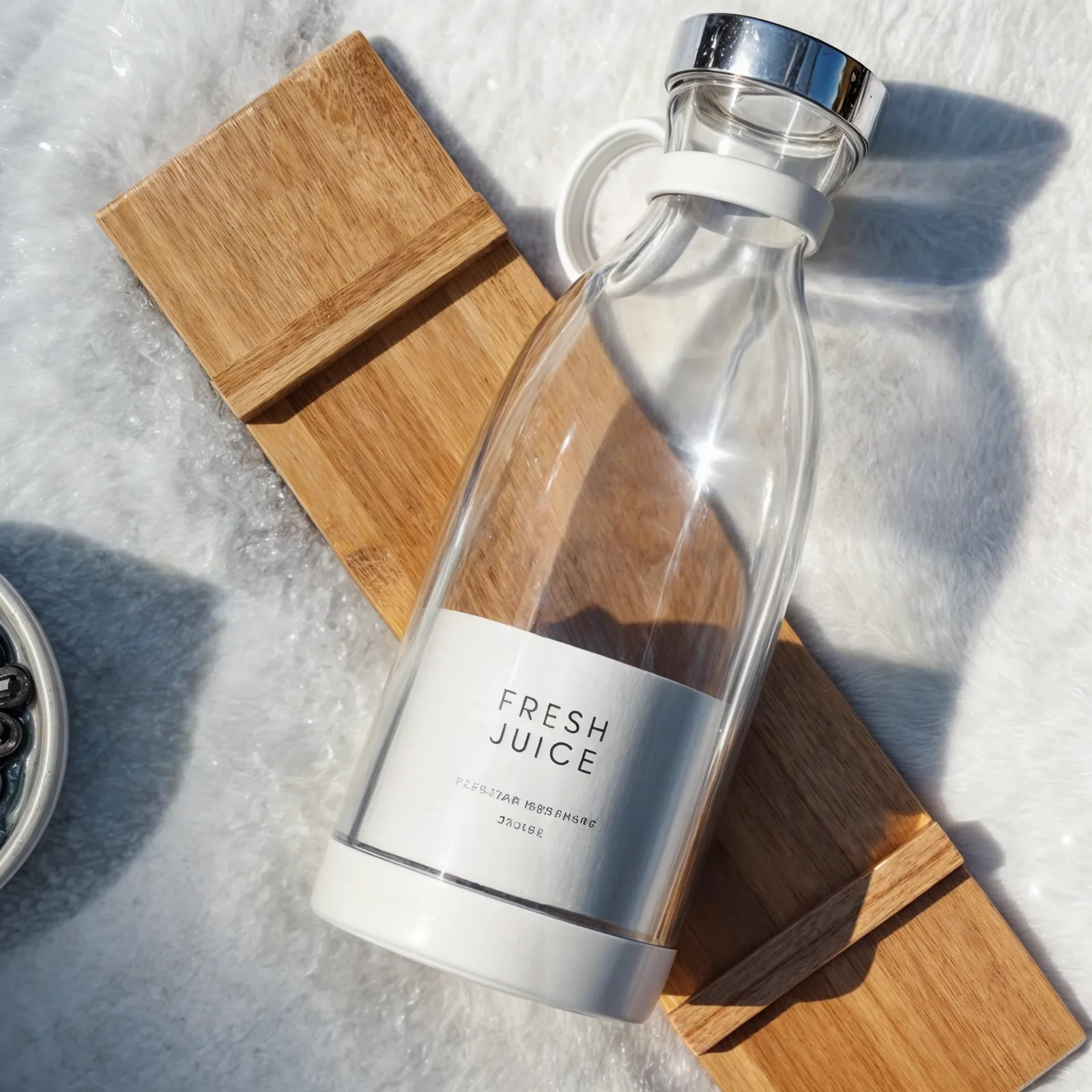 Блендер 'FRESH JUICE' на фоне деревянной доски под солнечным светом.