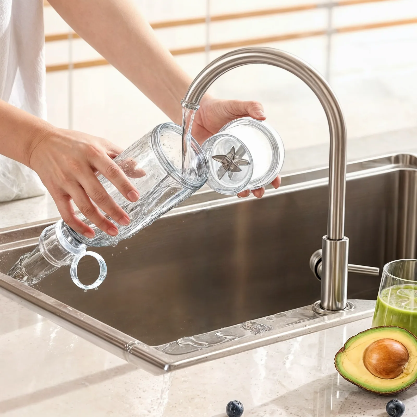 Прозрачный блендер 'FRESH JUICE' ополаскивается под краном на кухне, в руках с кремовым маникюром.