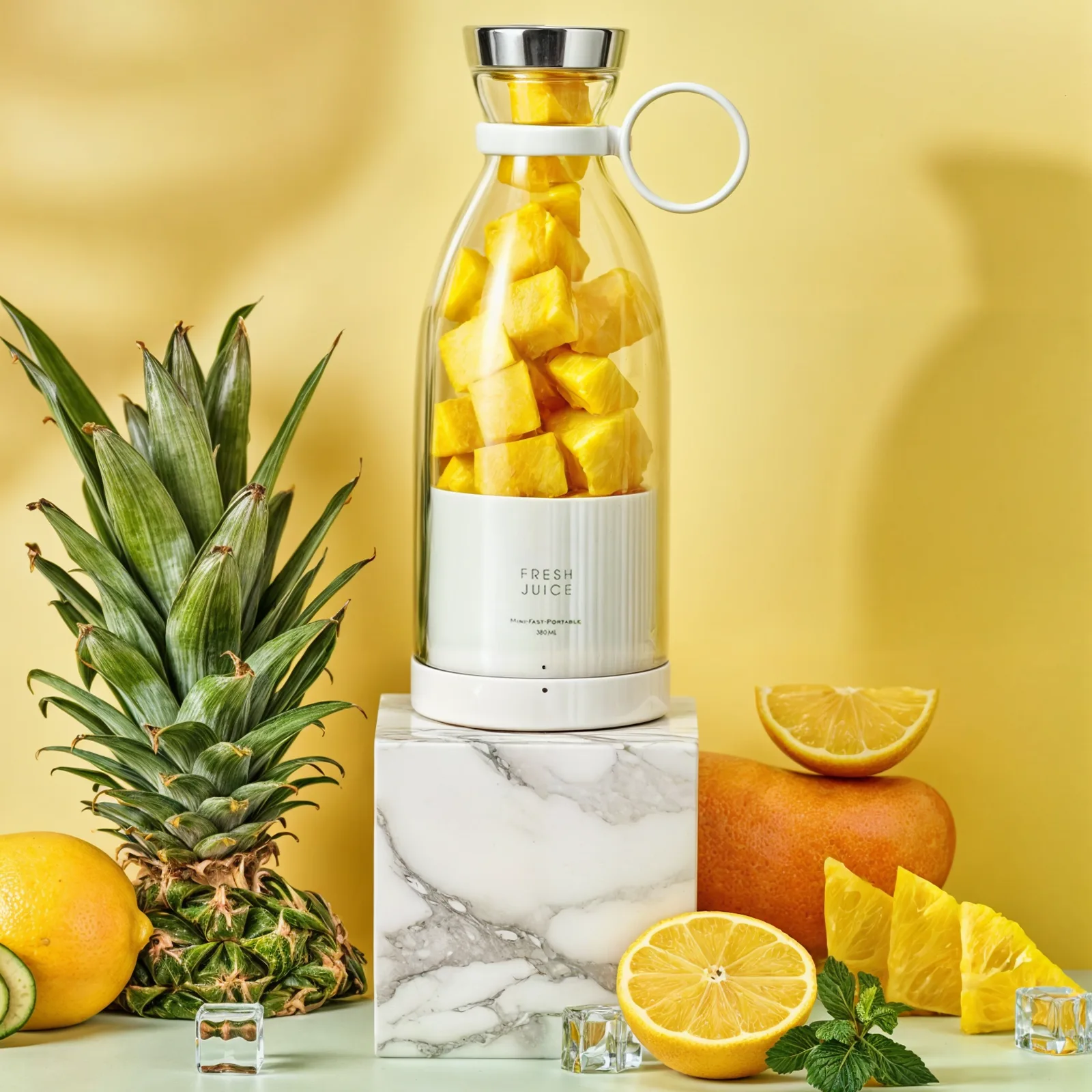 Блендер 'Juice Fresh' с кусочками ананаса на желтом фоне, рядом лежат свежий ананас и дольки лимона.