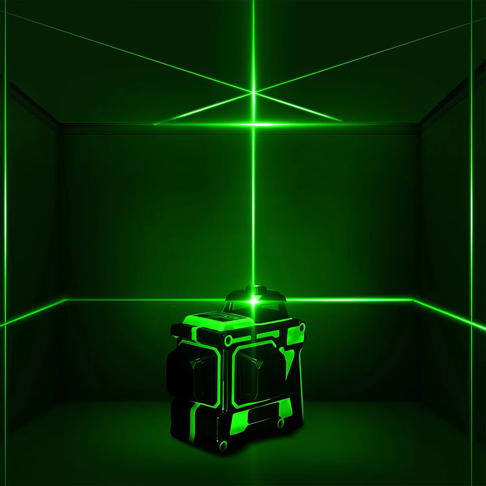 Проекция зелёных лучей лазерного нивелира в тёмной комнате