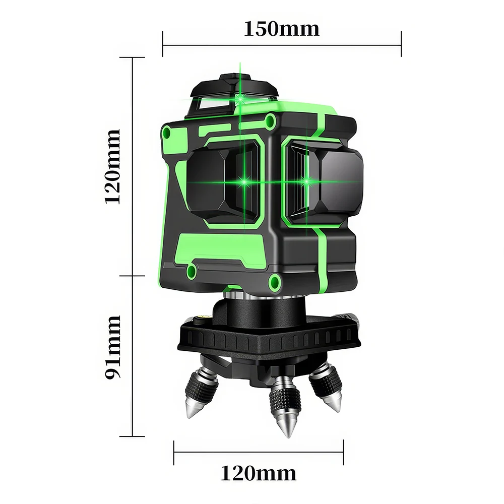 Лазерный нивелир с зеленым лучом на штативе с указанием размеров