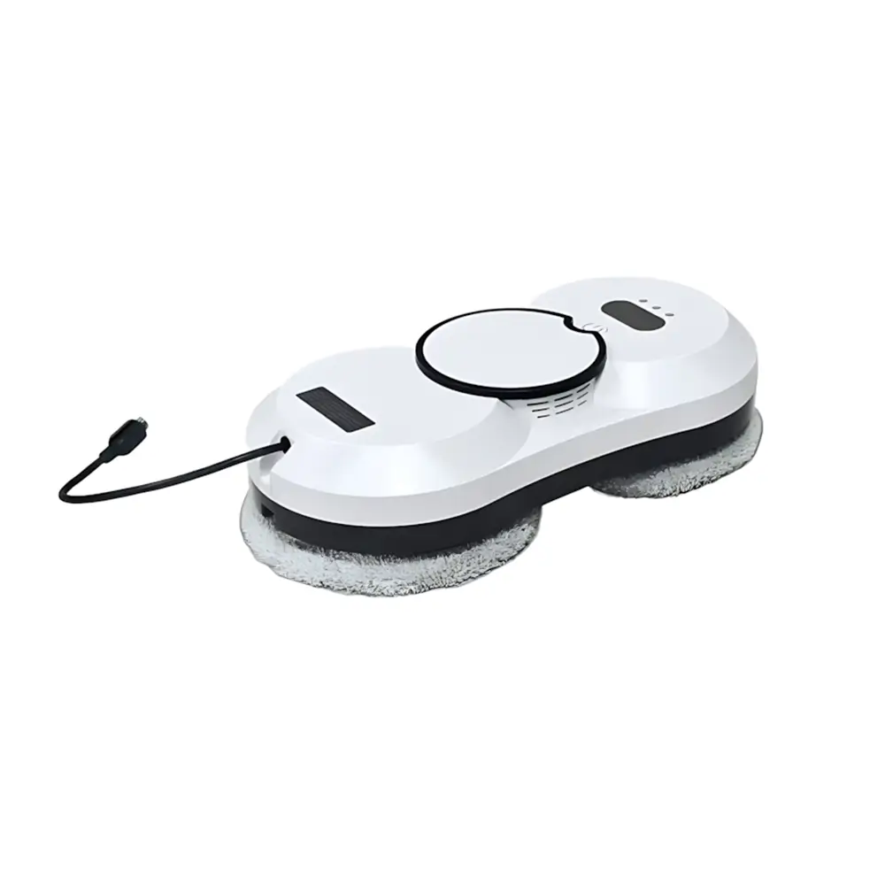 Робот для мытья окон с двумя насадки из микрофибры и чёрным торчащим сбоку шнуром питания